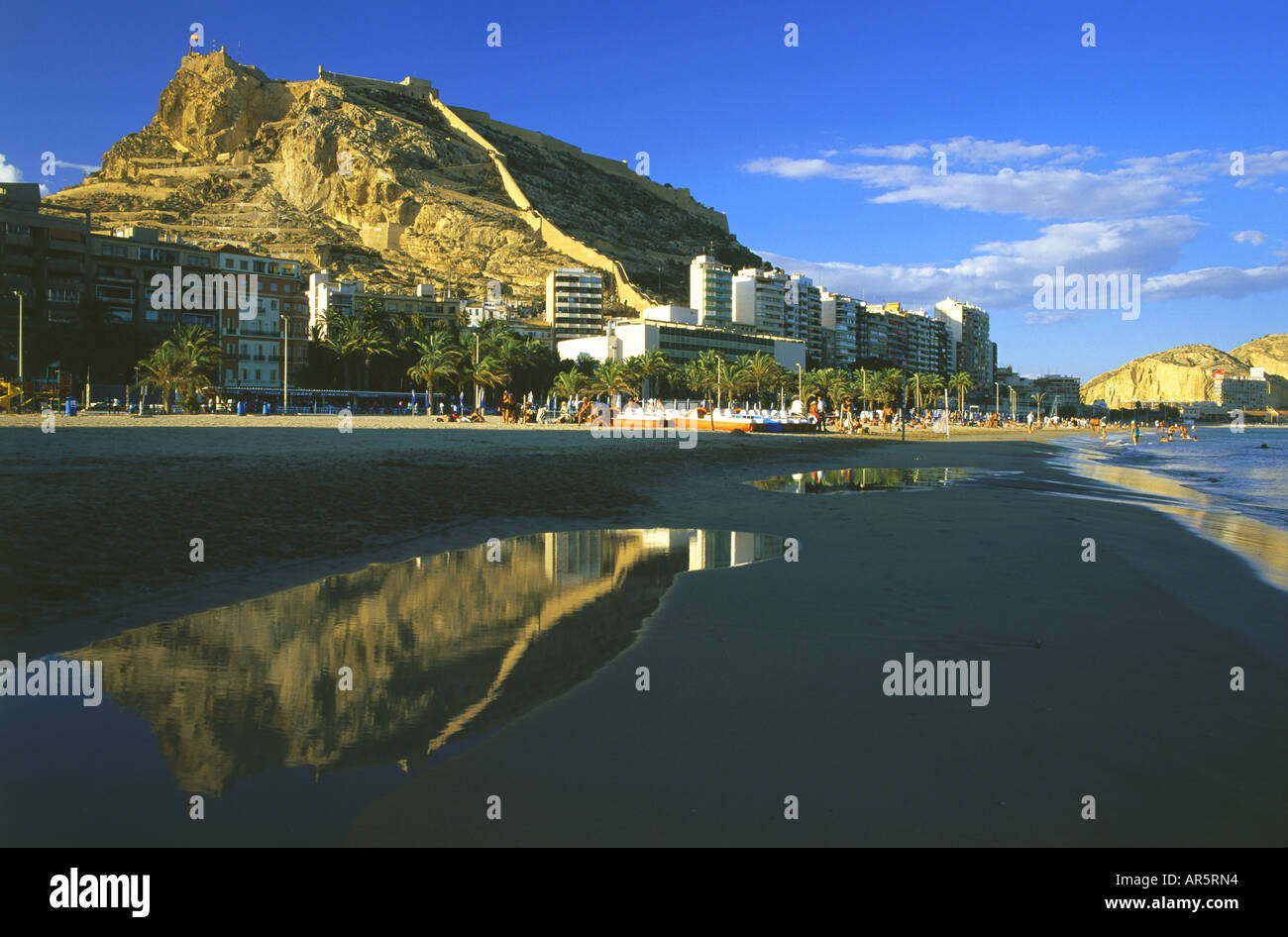 Playa del Postiguet, Castillo de Santa Barbara, Alicante, Spain Stock