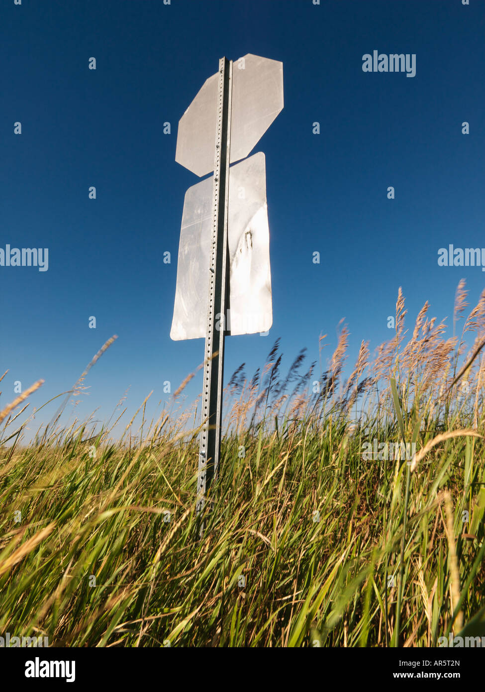 Back view of road sign in rural country Stock Photo