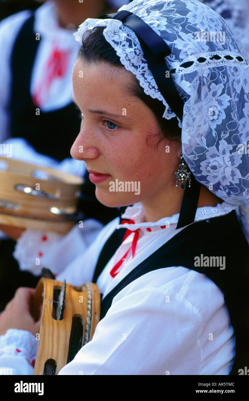 Girl wearing traditional dress, village festival, San Juan de Poio, Province Pontevedra, Galicia, Spain Stock Photo