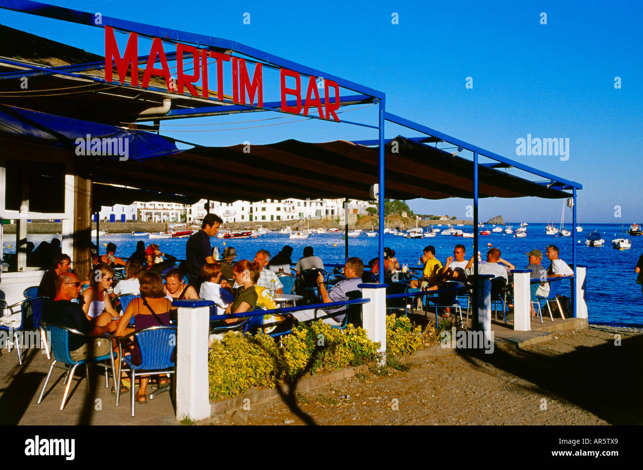Beach bar Maritim, Cadaques, Costa Brava, Province Girona, Catalonia, Spain Stock Photo
