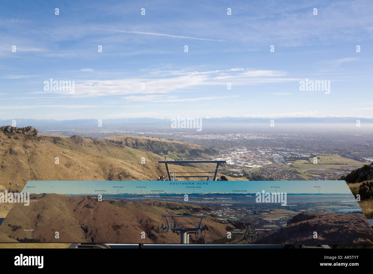 View from Mount Cavendish Gondola viewing deck in 'Port Hills' with pictorial sign Christchurch South Island New Zealand Stock Photo