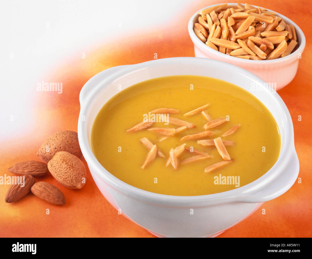 PARSNIP SOUP WITH ALMOND GARNISH Stock Photo