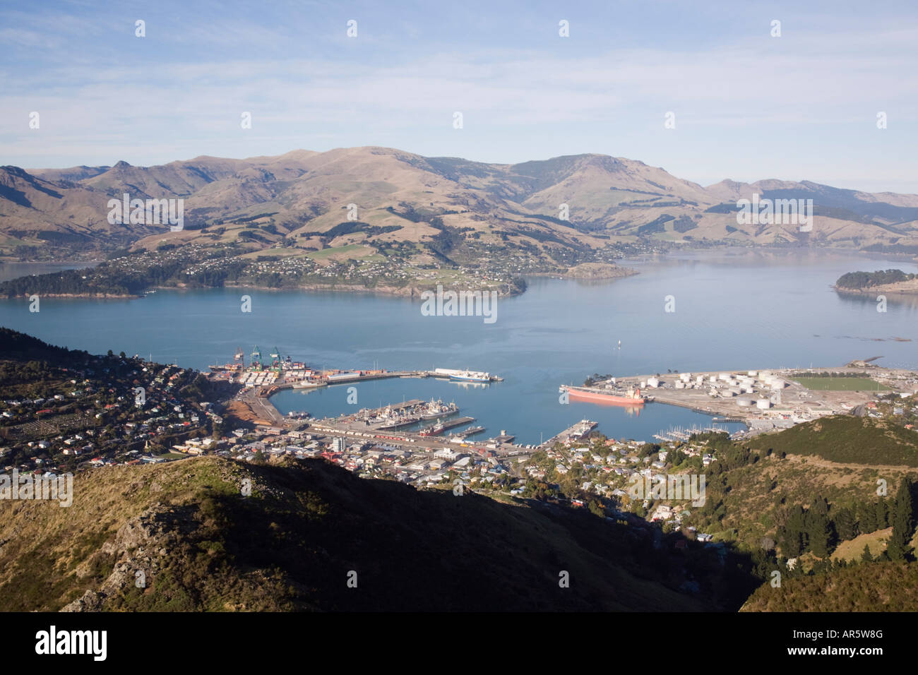 Aerial view down to Lyttelton town harbour and port from Mount Cavendish in 'Port Hills' Christchurch South Island New Zealand Stock Photo
