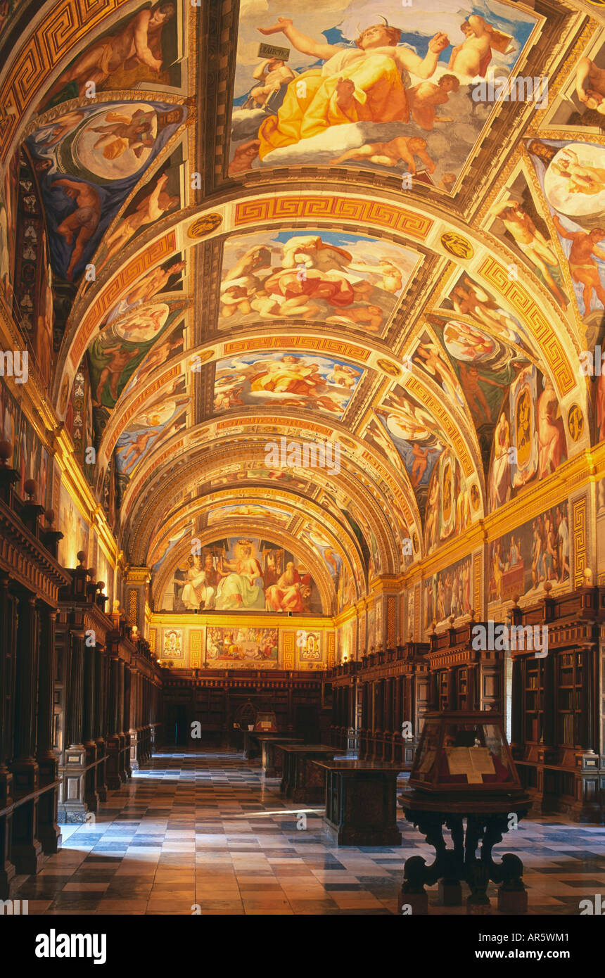 Library inside the monastery, Monasterio de El Escorial, Province Madrid, Spain Stock Photo