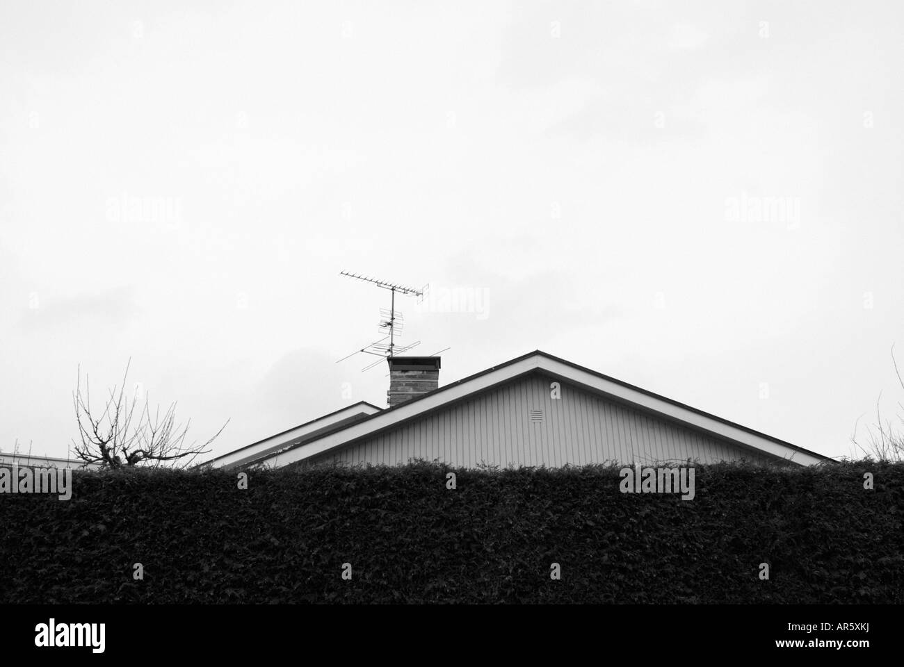 Black and white picture of the top of a house in the suburb. Stock Photo