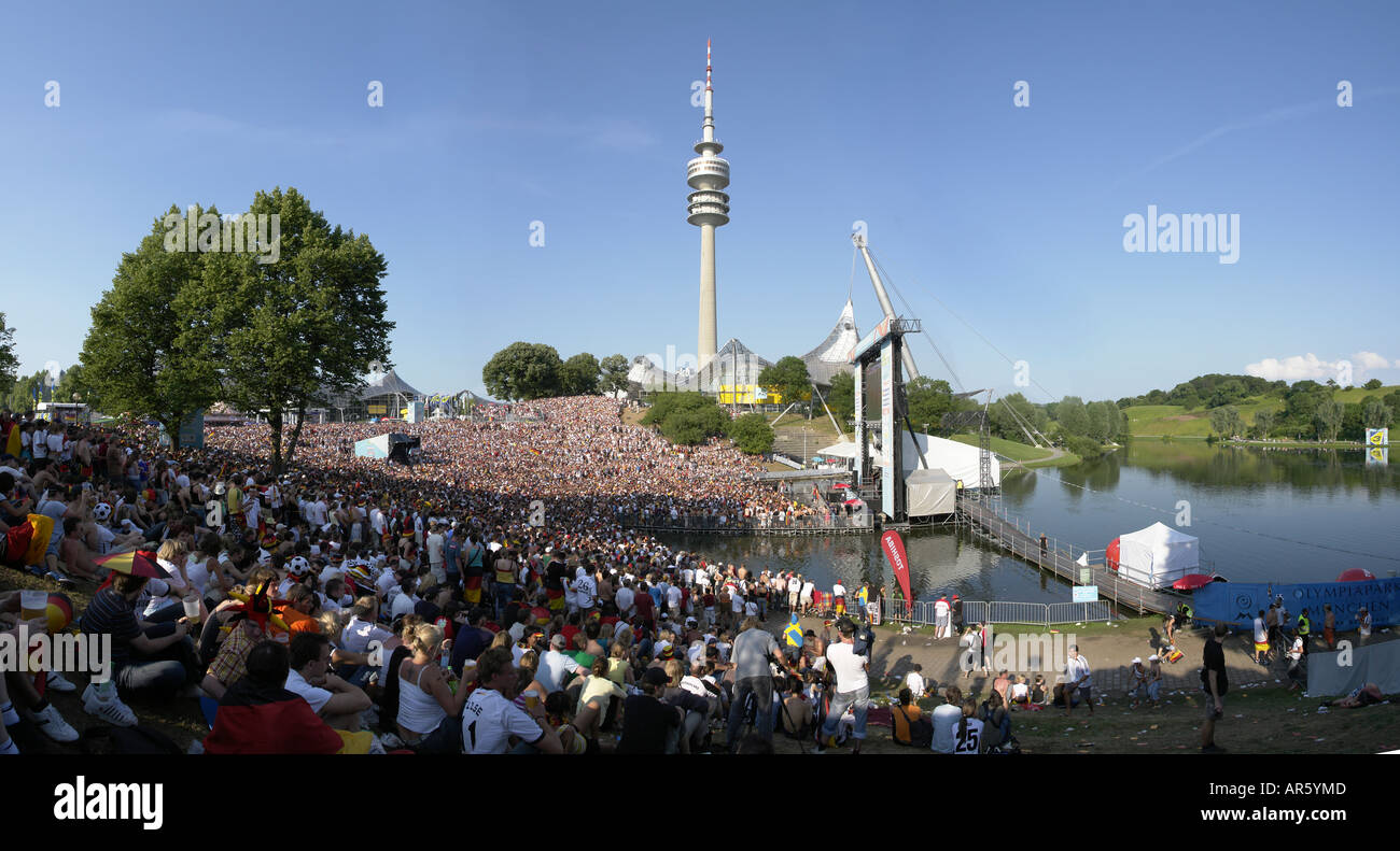 Football fans watching live WM game in Olympia Park Munich Bavaria Germany Stock Photo