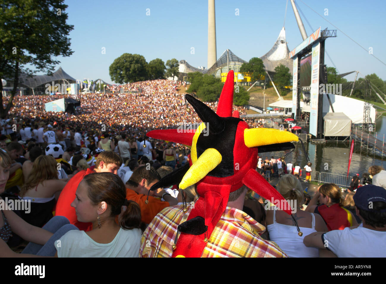 Football fans watching live WM game in Olympia Park Munich Bavaria Germany Stock Photo