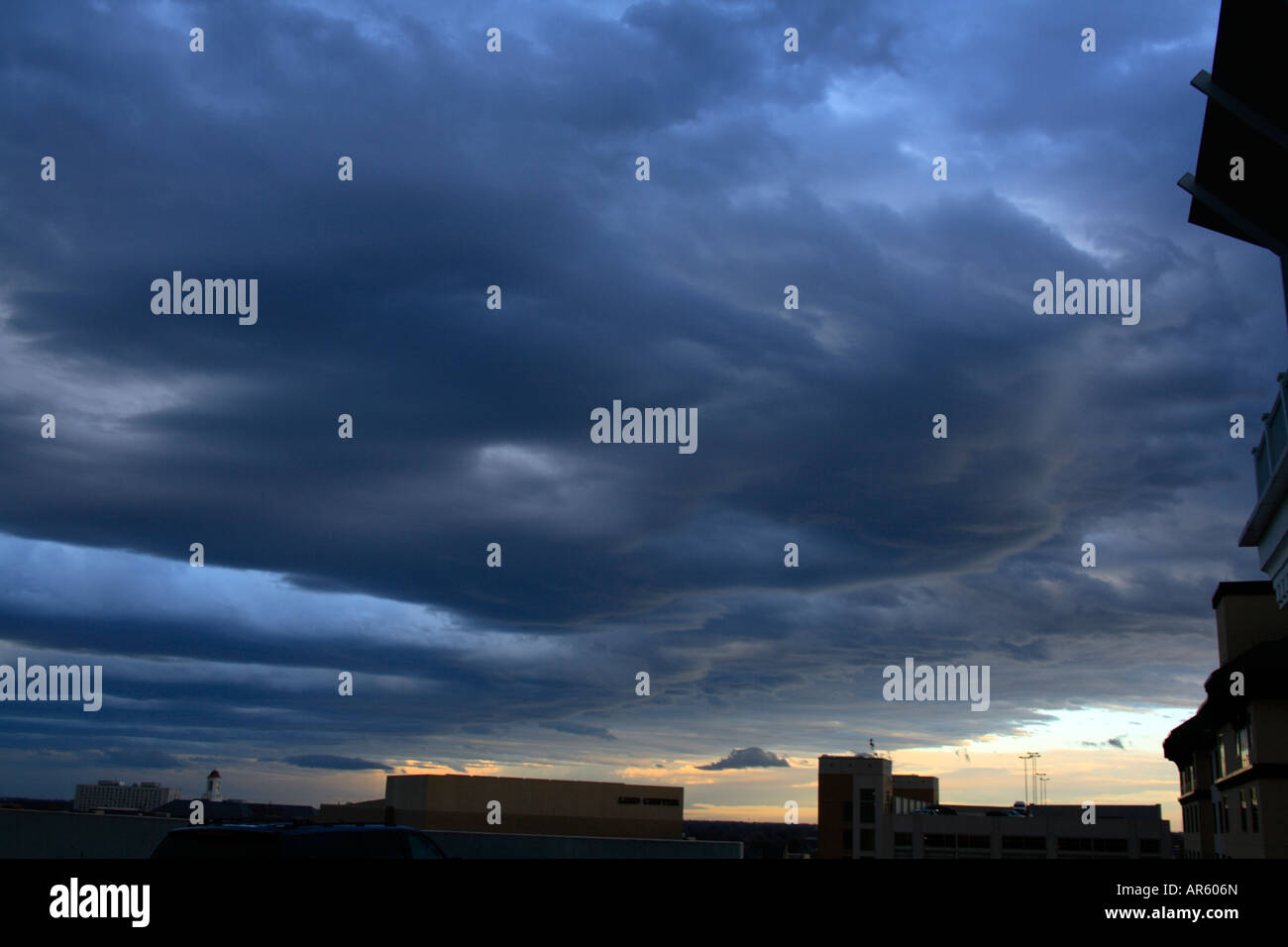 Ominous clouds floating over Lincoln, Nebraska in winter. Stock Photo