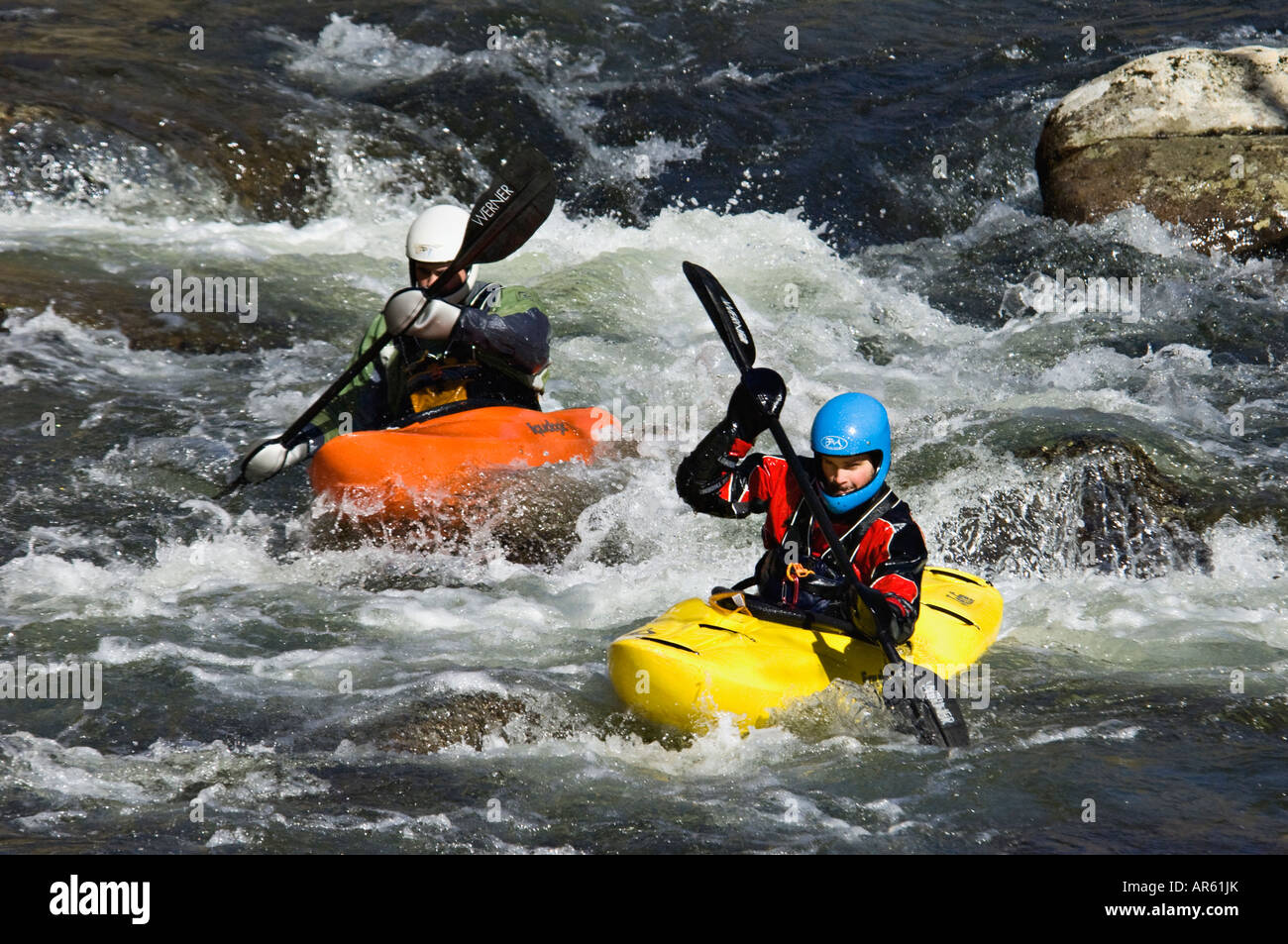 Two Men Kayaking on the Little River Great Smoky Mountains National Park Tennessee Stock Photo