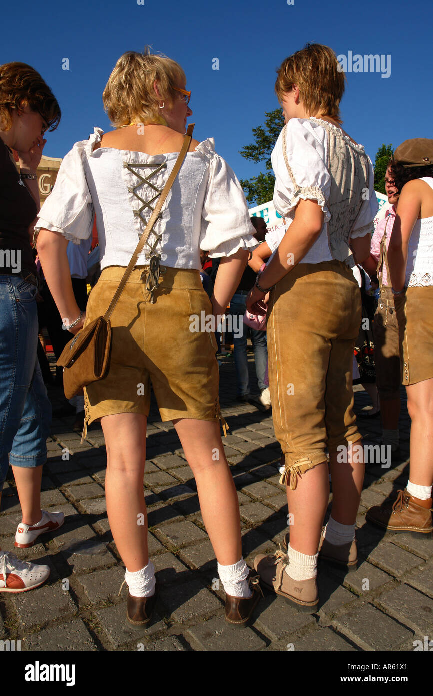 Group of bavarian visitors in lederhosen traditional costume Gaubodenfest  in Straubing Bavaria Germany Stock Photo - Alamy