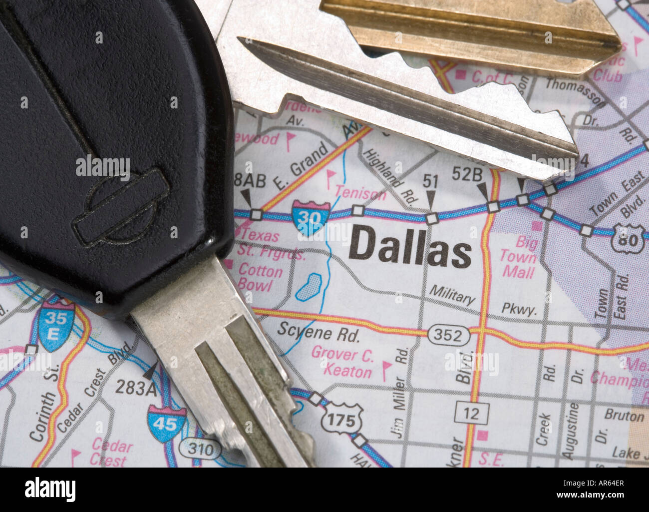 A close up of a map of Dallas Texas with car keys Stock Photo