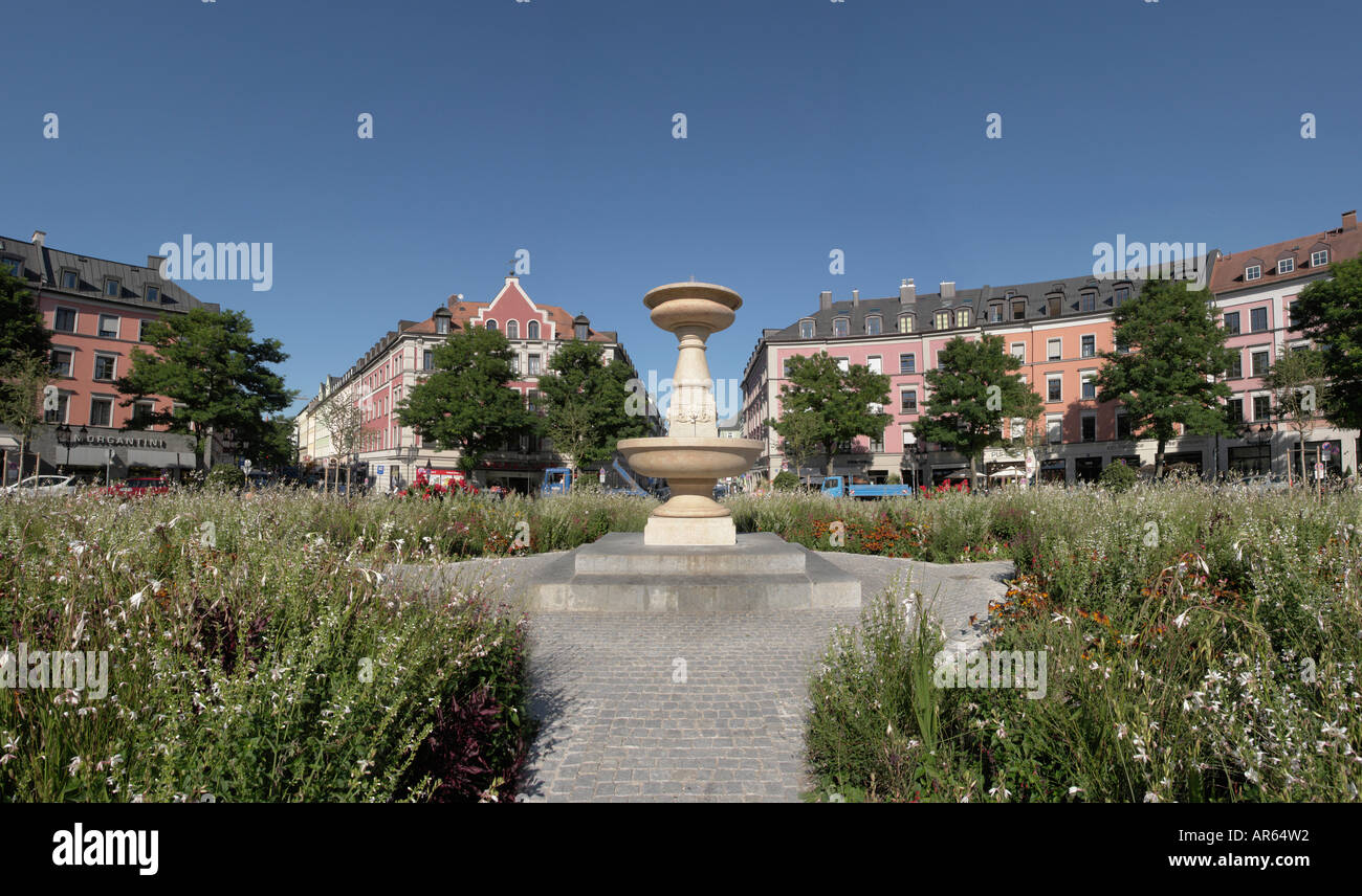 panorama Fountain at Gartnerplatz trendy Glockenbachviertel Munich