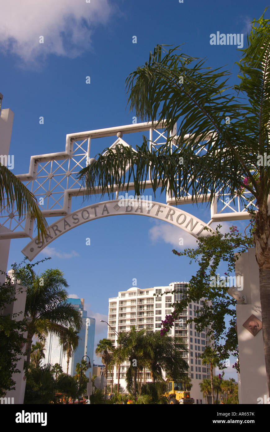 Sarasota Bayfront Park entrance sign downtown landmark attraction blue sky background sunny