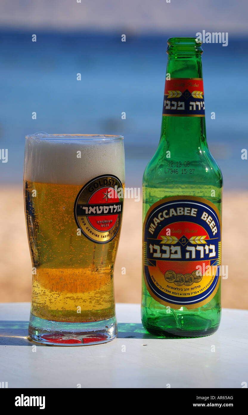 Bottle of Israeli Maccabee beer, Eilat, South District, Israel Stock Photo