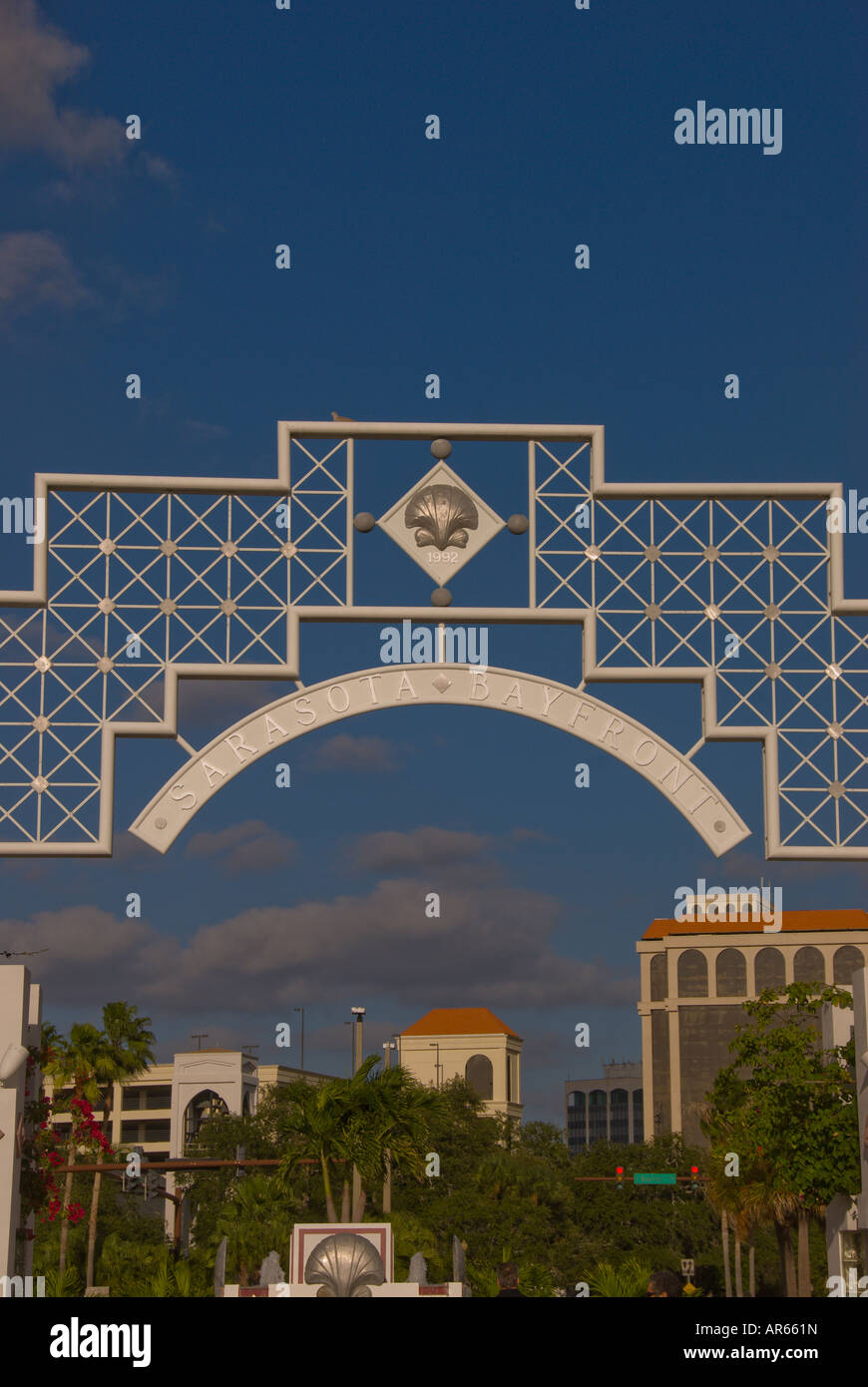 Sarasota Bayfront Park entrance sign downtown landmark attraction blue sky background sunny