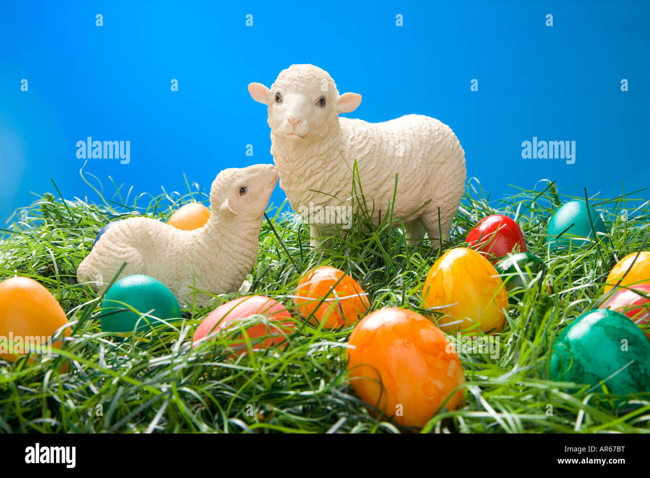 Coloured Easter Eggs and lamb Stock Photo Alamy