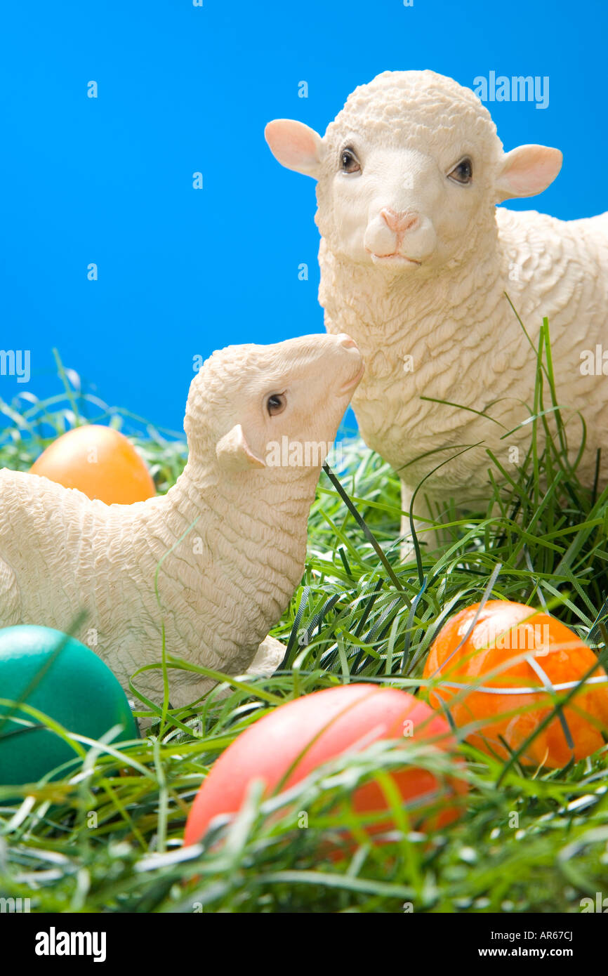Coloured Easter Eggs and lamb Stock Photo Alamy