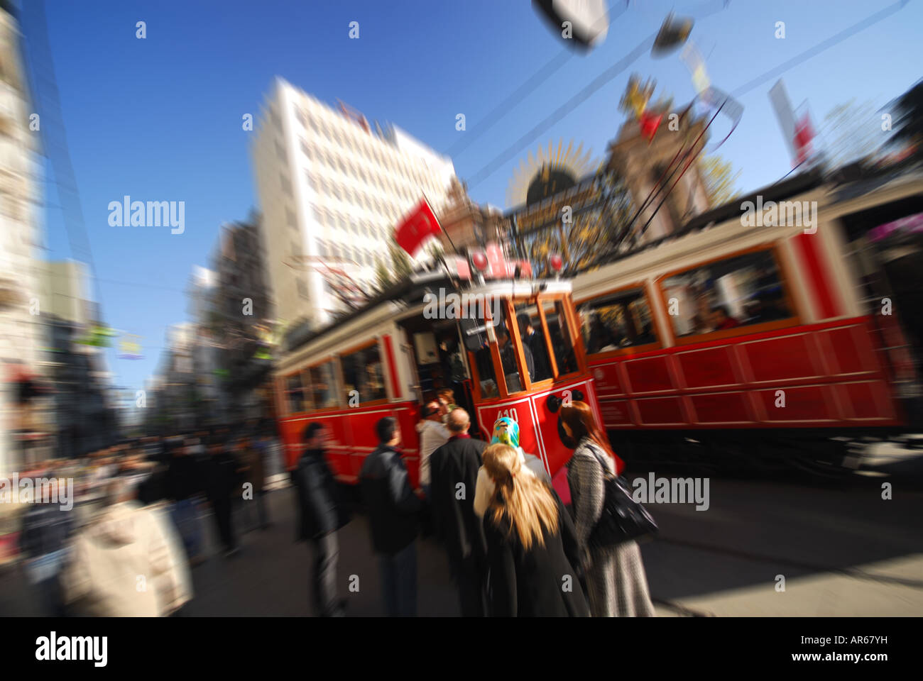 ISTANBUL, TURKEY. Taksim to Tunel trams on the shopping thoroughfare of Istiklal Caddesi in Beyoglu district. 2007. Stock Photo