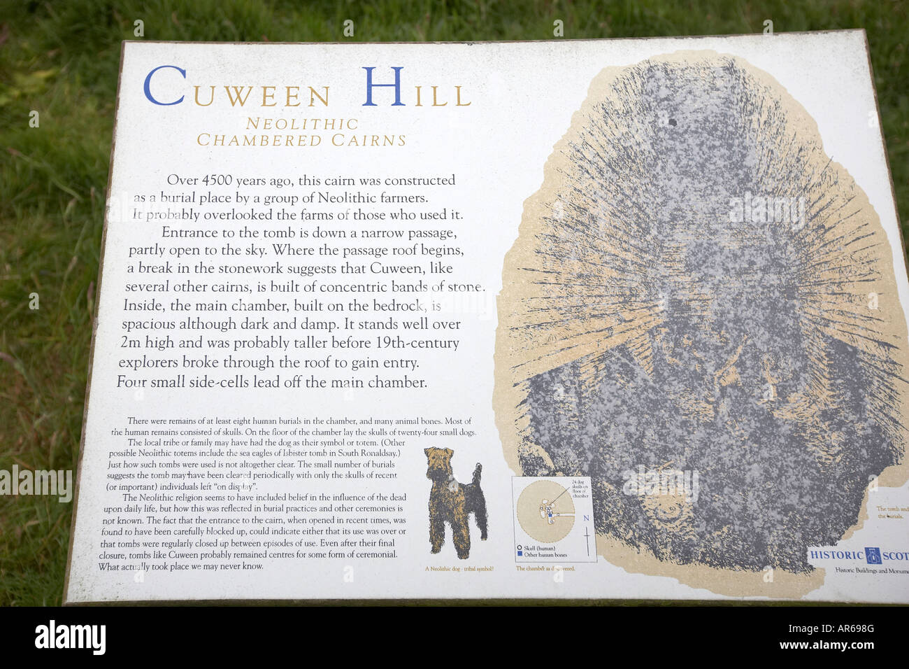 Information display board at Cuween chambered cairn Stock Photo
