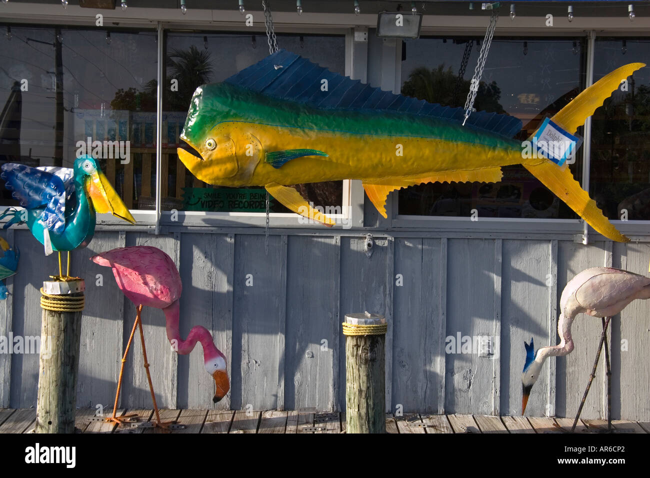 colourful steel sculptures of a fish and birds Stock Photo