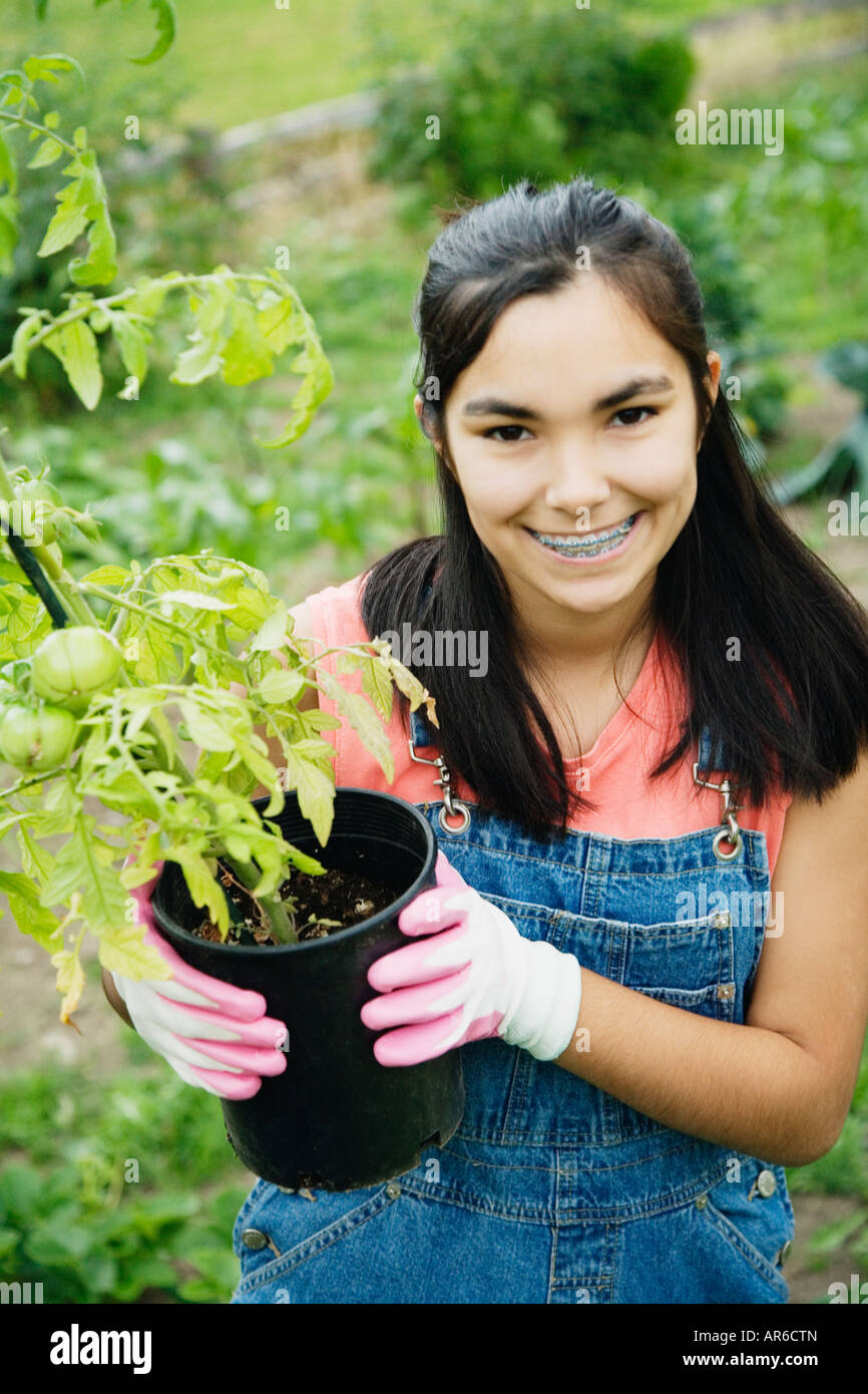 Girl holding tomato plant Stock Photo - Alamy