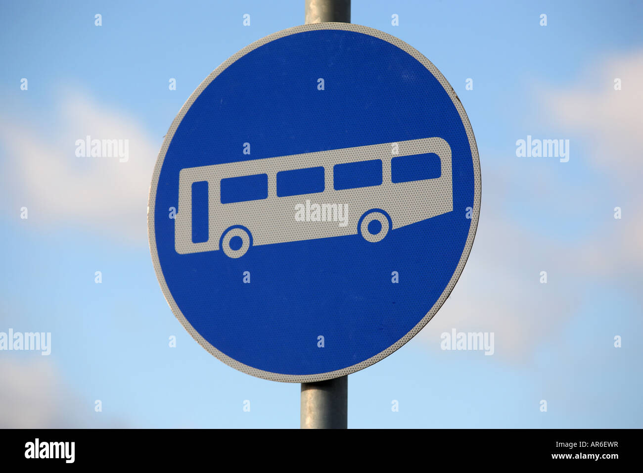 A blue sign indicating a bus lane Stock Photo - Alamy