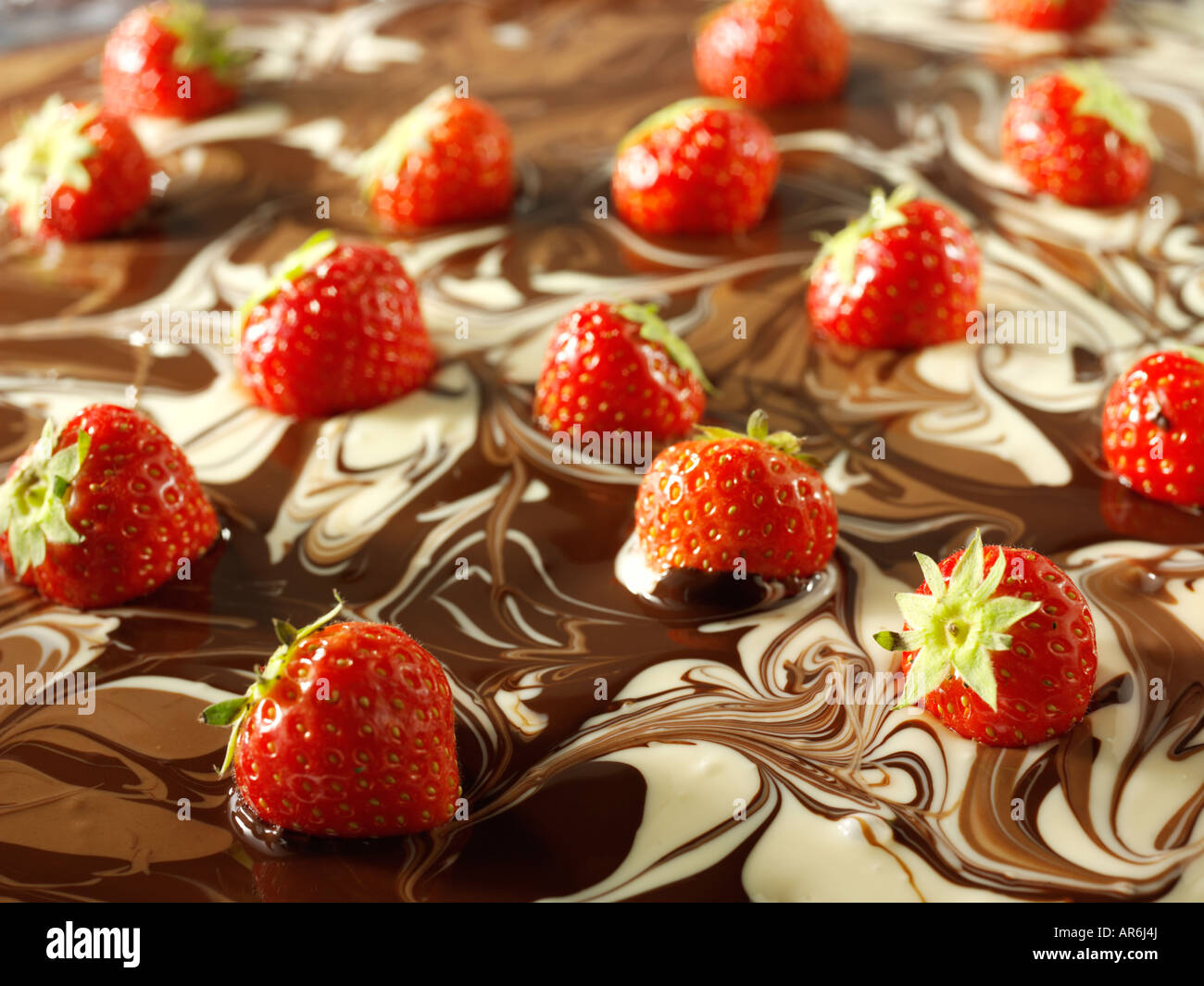 white, plain and milk chocolate marbled swirl with fresh strawberries Stock Photo