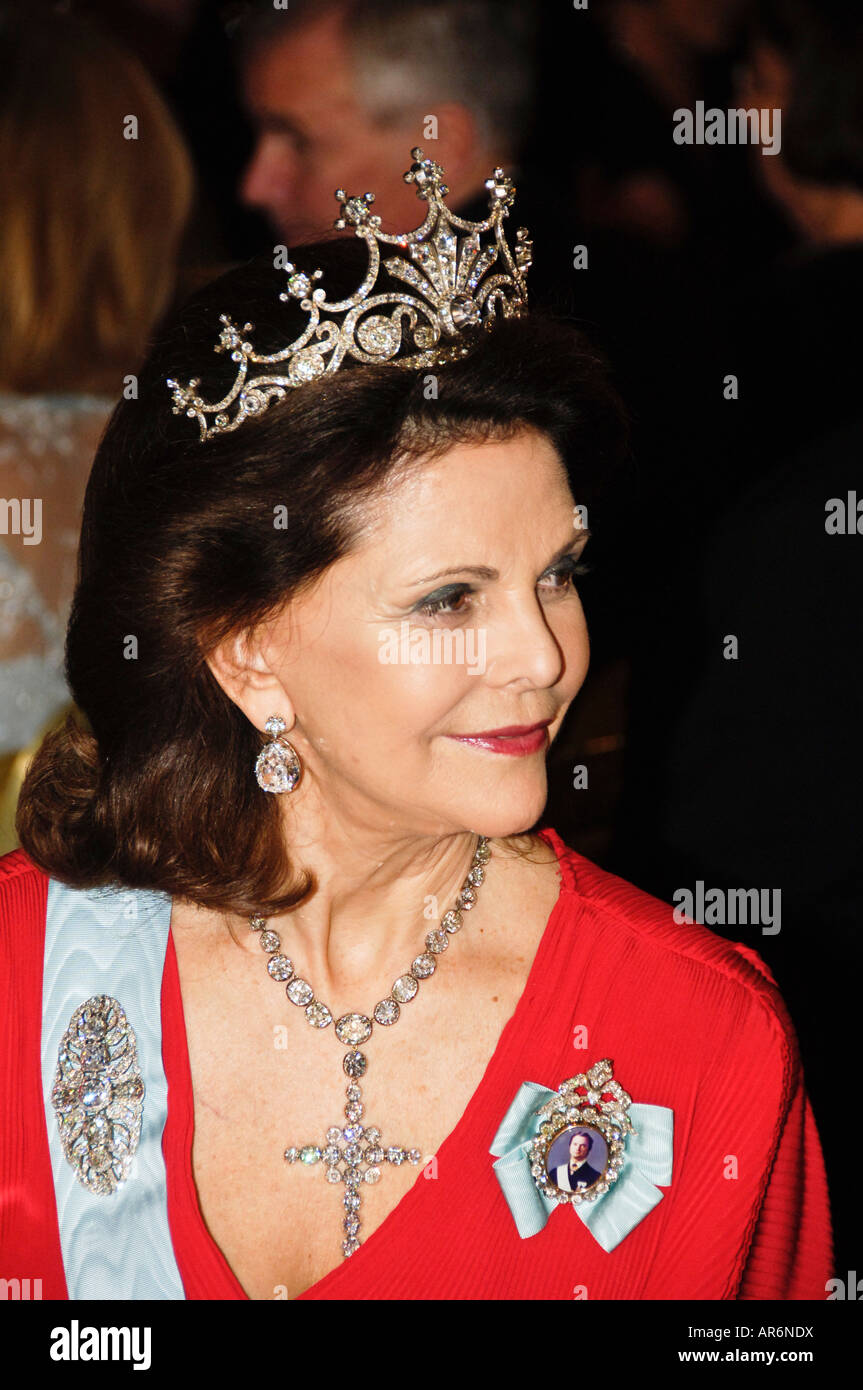 Swedens Queen Silvia at the gala dinner honoring the Nobel Prize Laureates in the Blue Hall in Stockholm City Hall Stock Photo