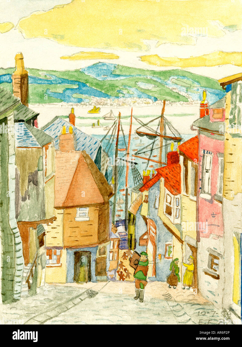 Child's watercolour painting - Cornish fishing village. Stock Photo