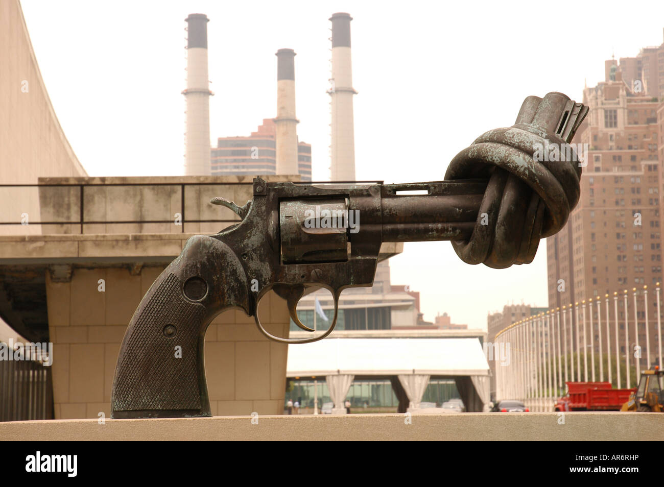 Statue in front of United Nations building gift of Luxembourg New York