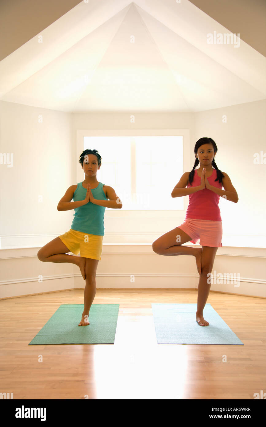 Two young women balancing doing yoga tree pose Stock Photo - Alamy
