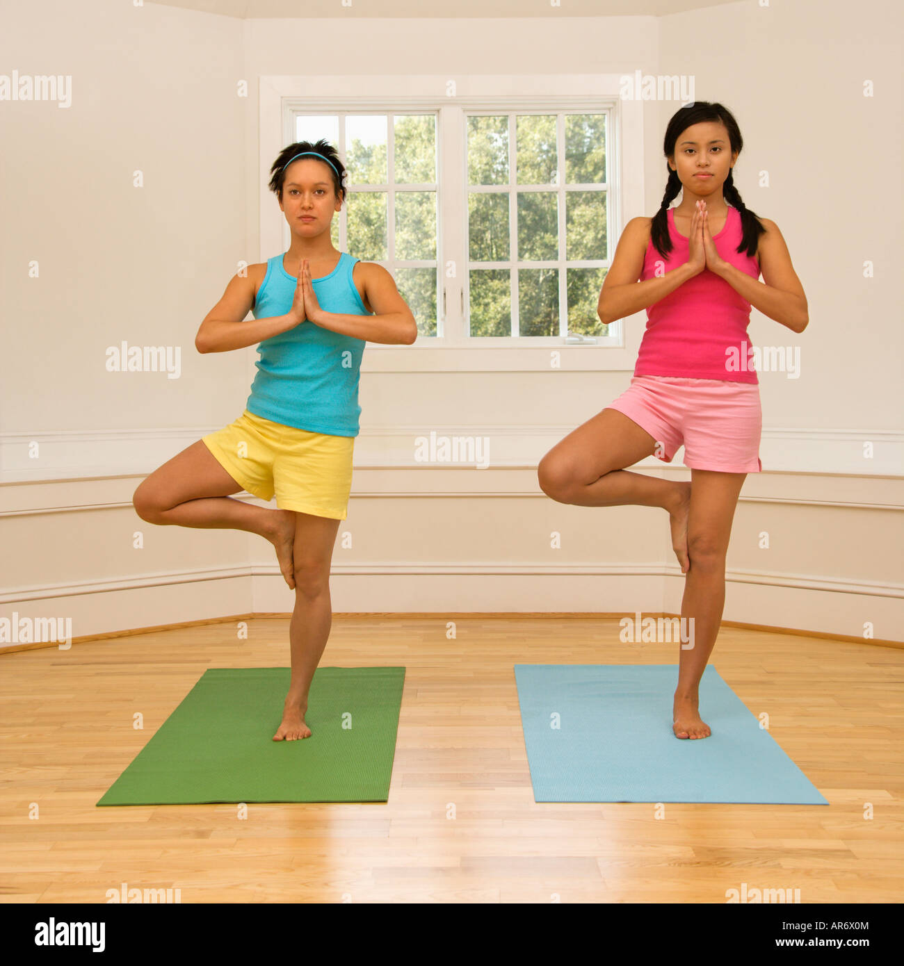 Two young women balancing doing yoga tree pose Stock Photo - Alamy
