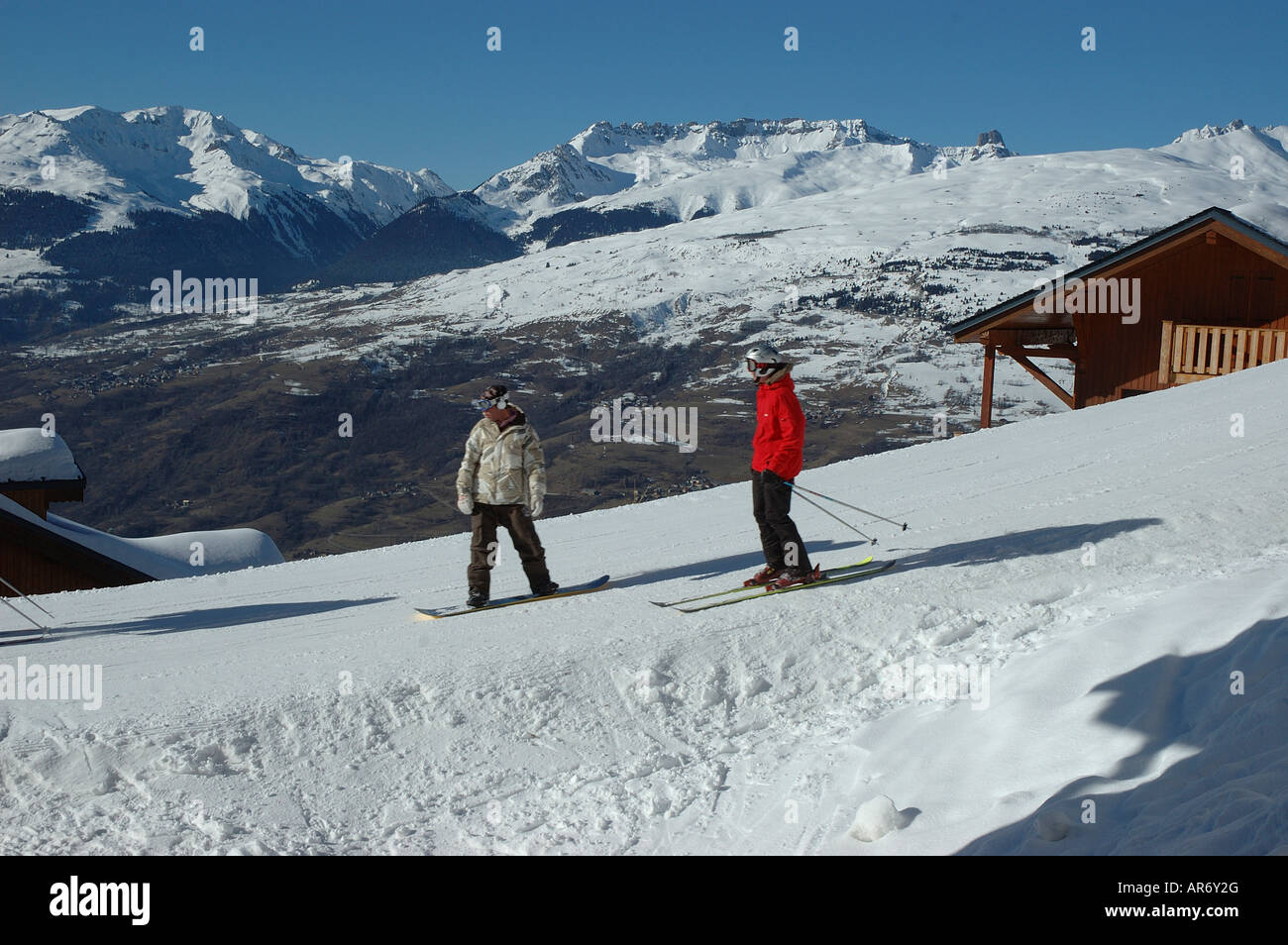 Snow boarder Skier Piste Vallandry Les Arcs Paradiski Vanoise Bourge St Maurice Savoie 73 France Europe Stock Photo
