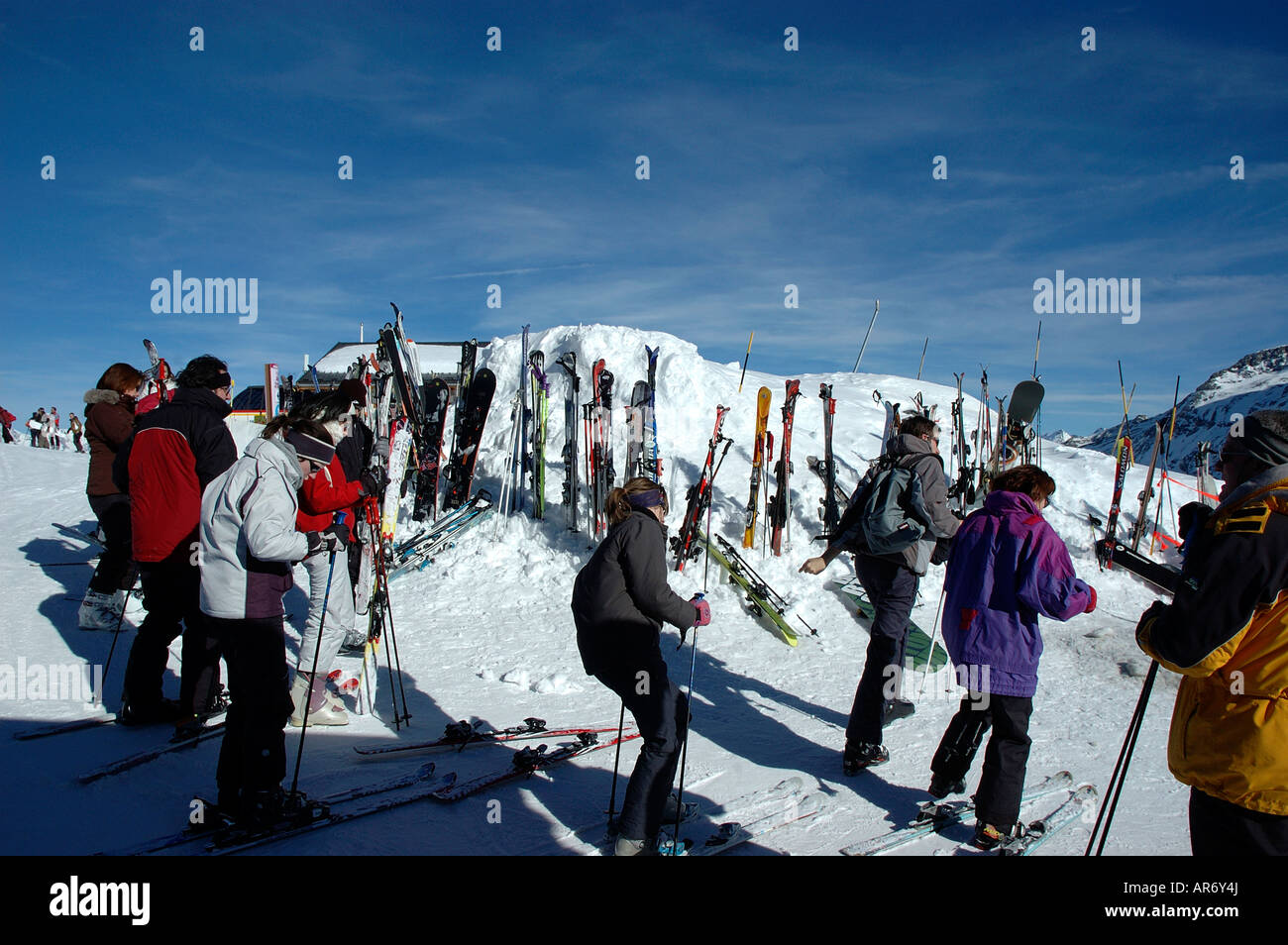 skiers parked skis snow mountain Col de la Chal Les Arcs Peisey Vallandry Savoie 73 France Europe Stock Photo