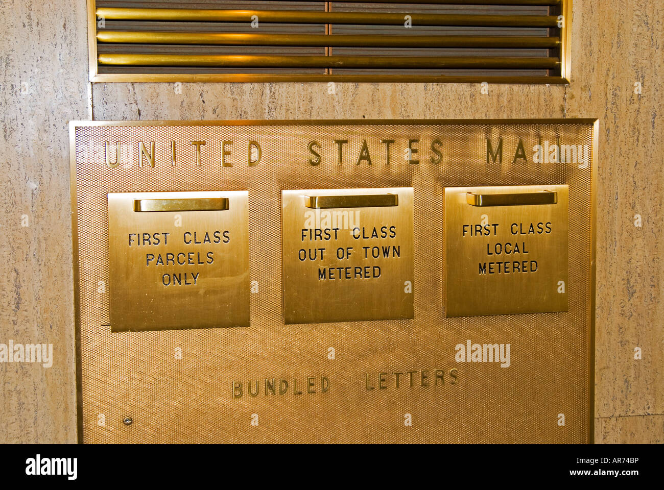 United States mailboxes in interior lobby of a building on Chicago's
