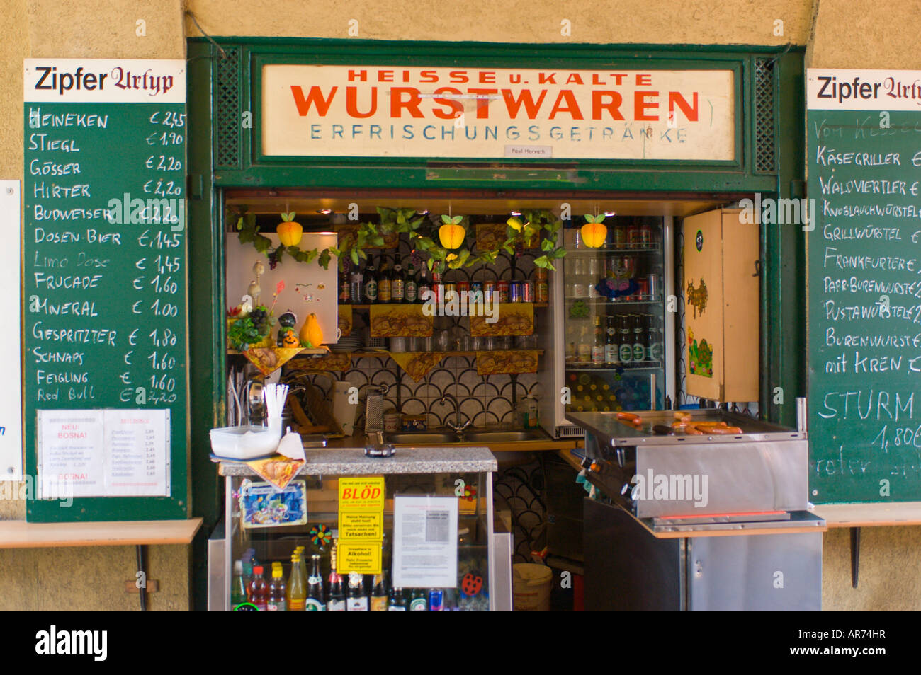 VIENNA AUSTRIA Wurst stand at Naschmarket sells sausage and 'hot dogs' Stock Photo