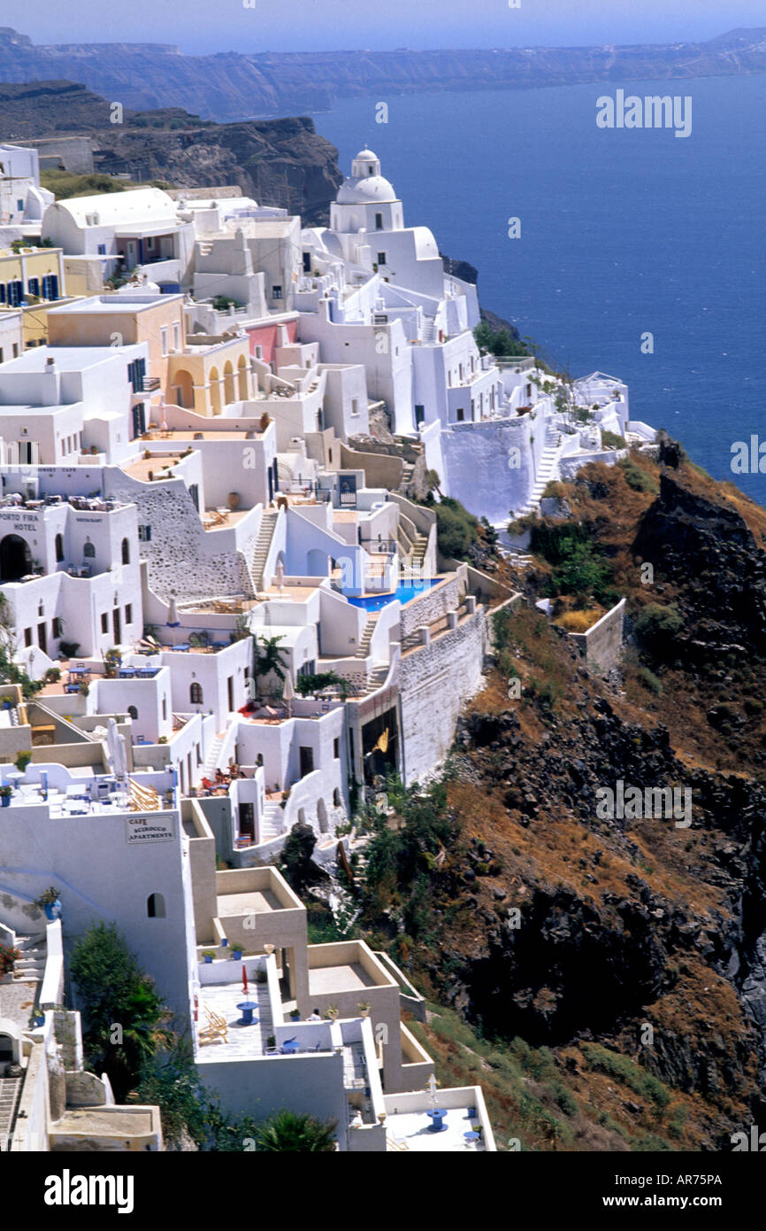 Beautiful Santorini Greece mountains with the magistic white buildings on a cliff Stock Photo