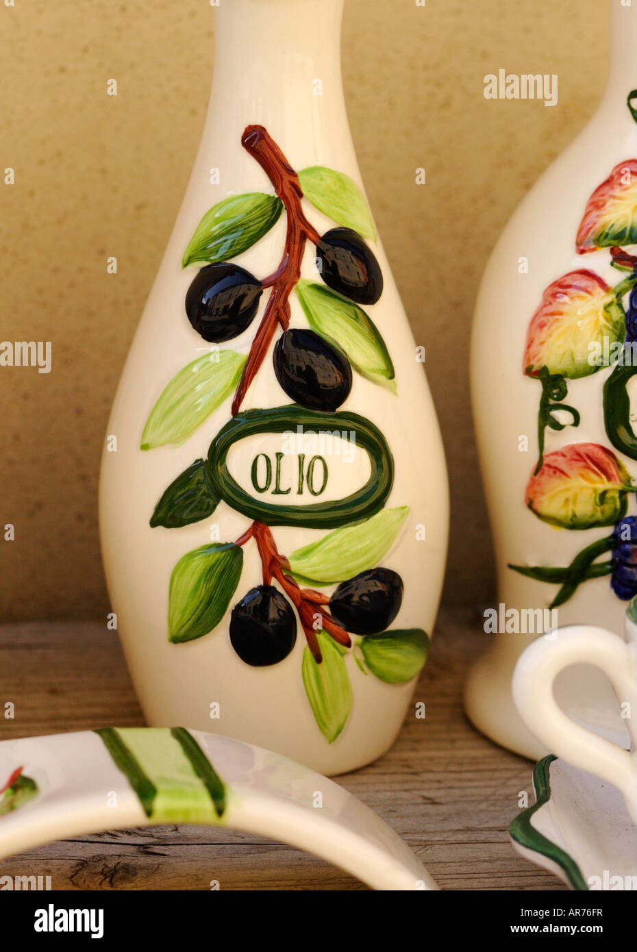 Ceramic oil bottles, Italy Stock Photo