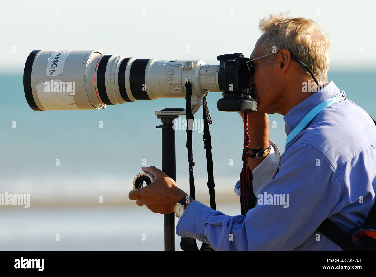 a photographer using a digital slr camera with a large zoom telephoto lens attached on a tripod Stock Photo