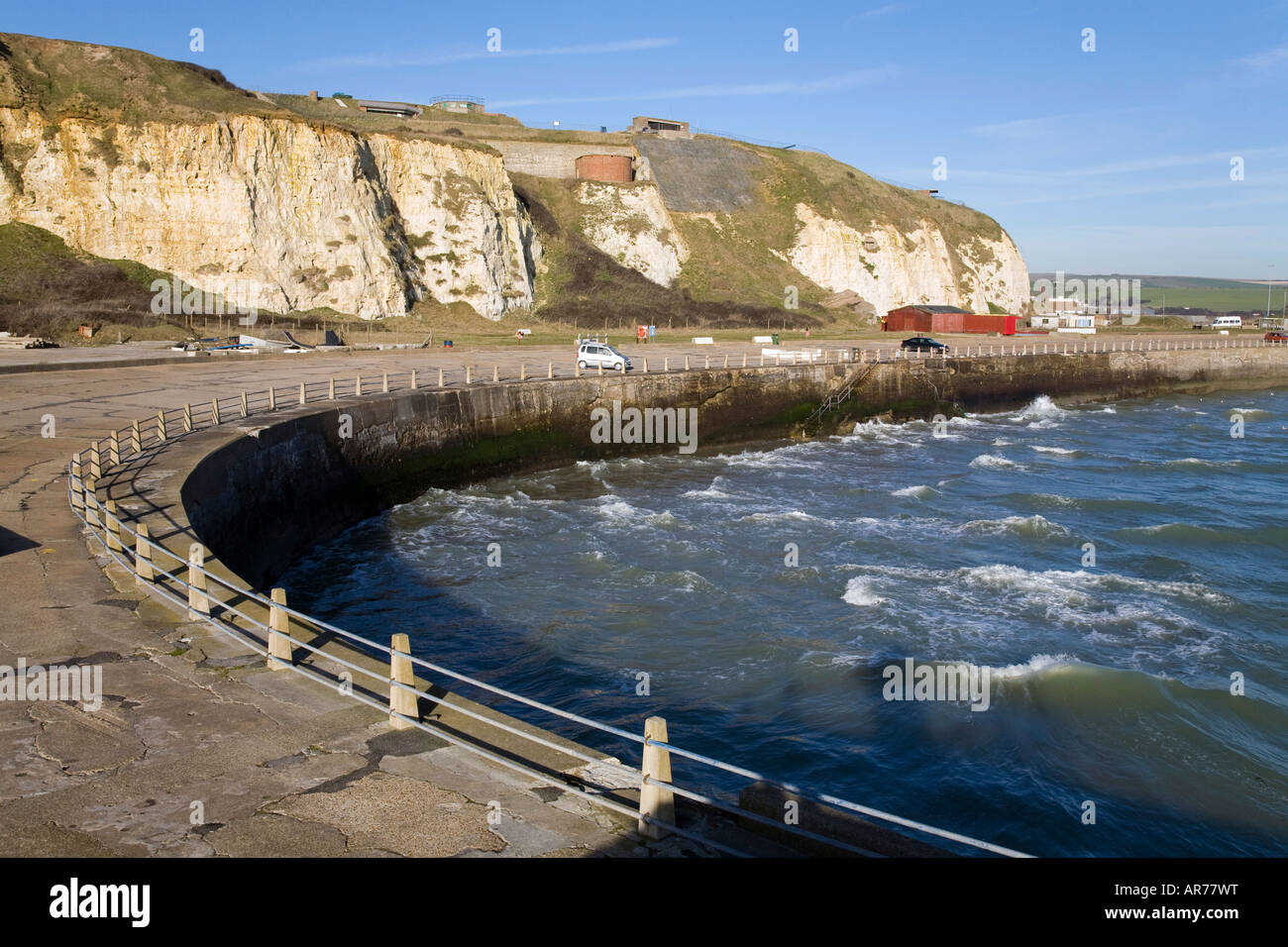 Newhaven Beach and cliff top fort. Stock Photo