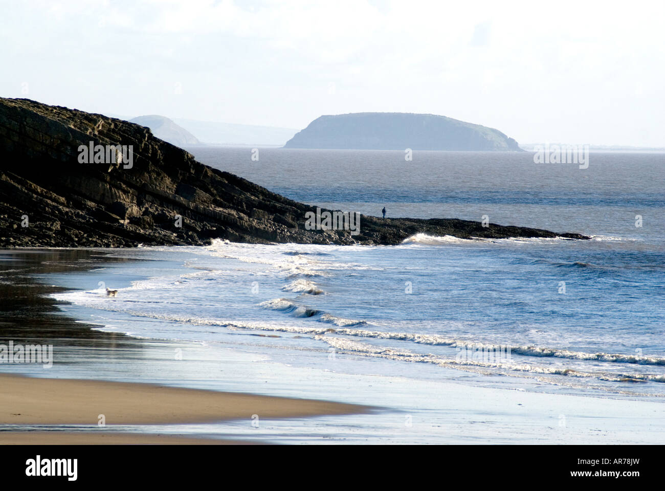 beach little island barry with steepholm island in the distance vale of glamorgan south wales uk Stock Photo