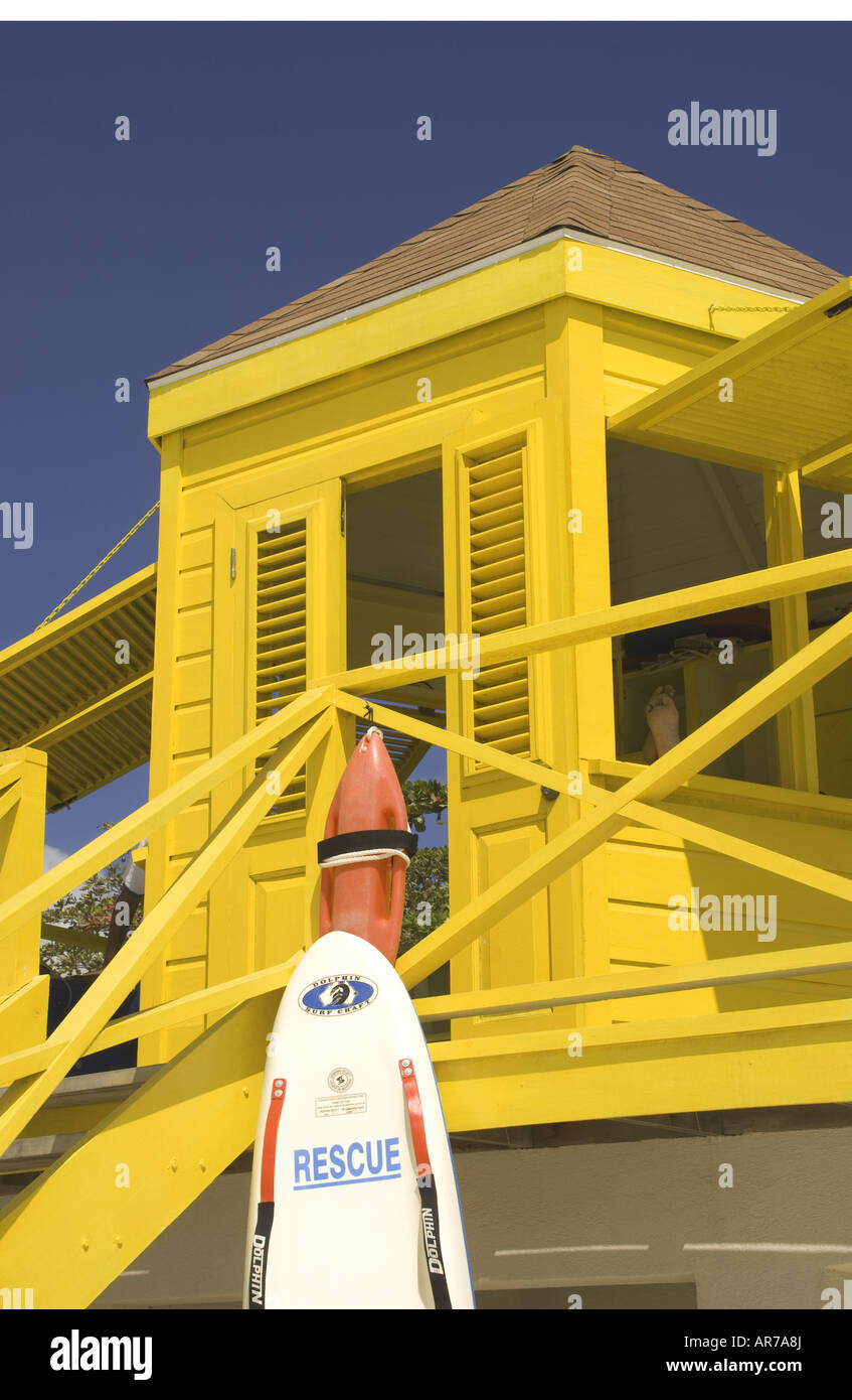 Browne's Beach lifeguard tower on Carlisle Bay at Bridgetown on island of Barbados Stock Photo