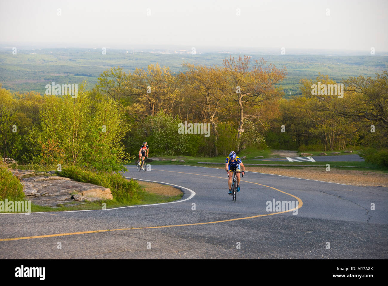 Biking the auto road on Mount Wachusett in Massachusetts Stock Photo