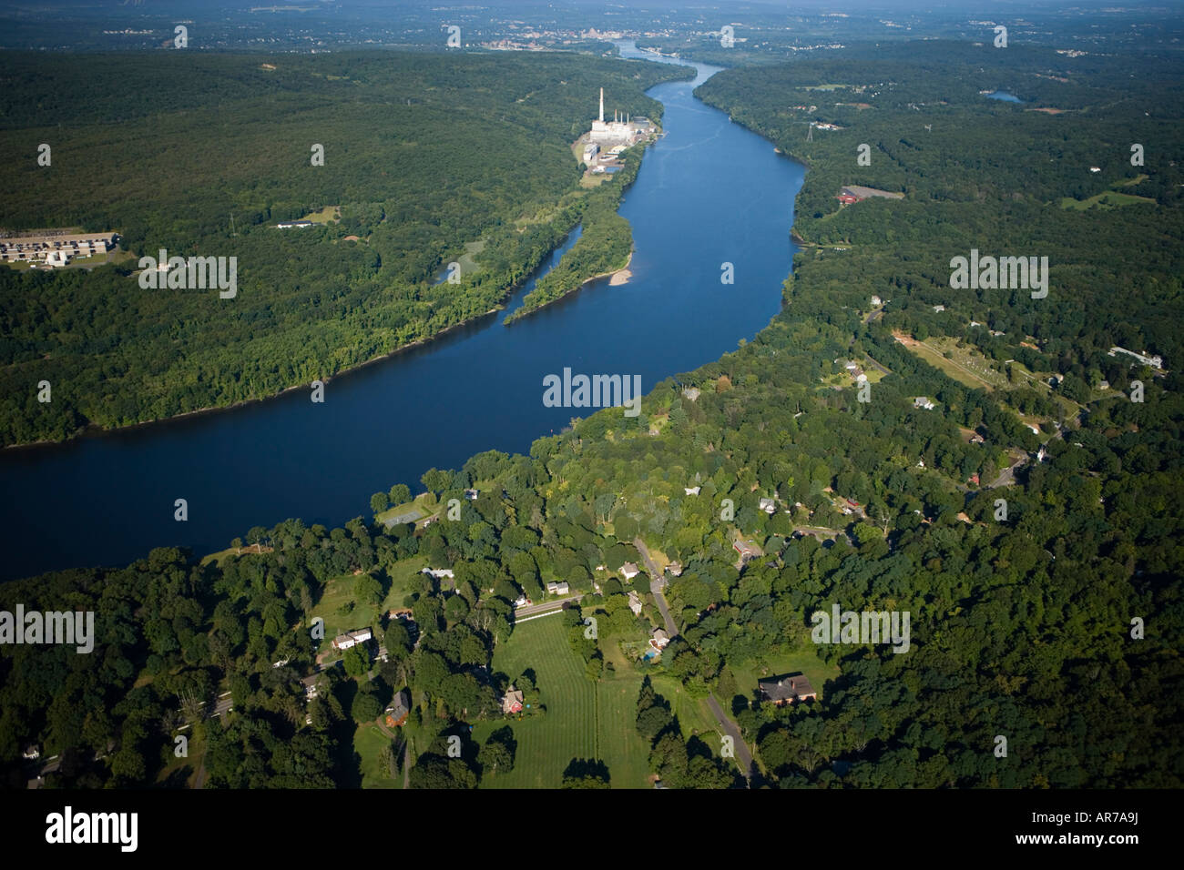 The Connecticut River in Portland, Connecticut. Power plant. Aerial