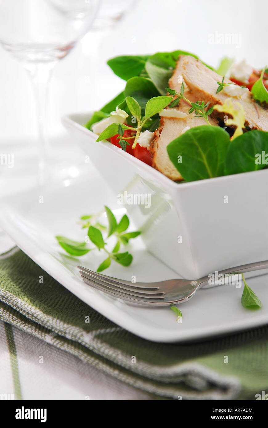 Fresh green salad with grilled chicken herbs and tomatoes Stock Photo