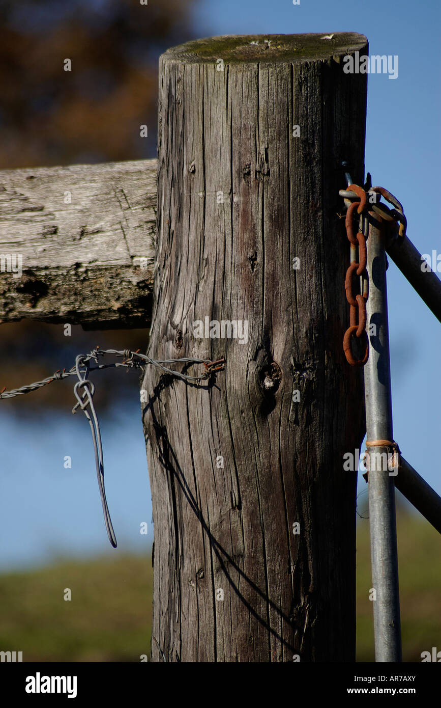 detail of the wooden stake of a wire fence Stock Photo