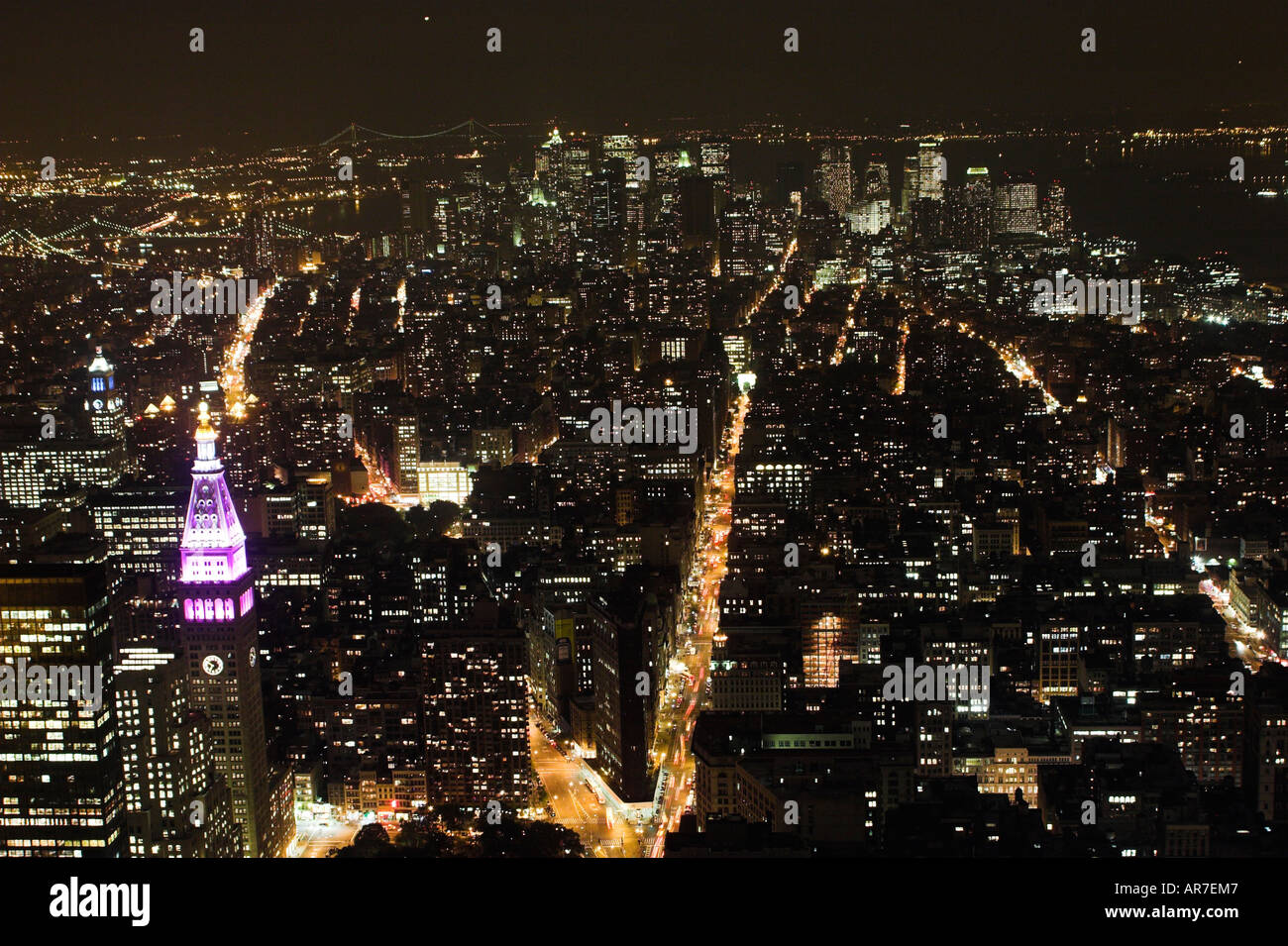 NEW YORK CITY SKYLINE AT NIGHT from Empire State Building view along ...