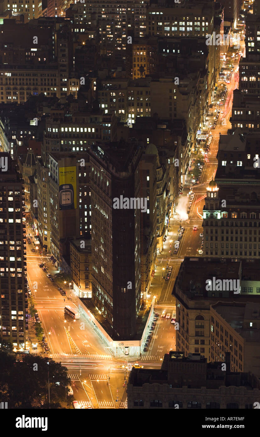 NEW YORK CITY SKYLINE AT NIGHT from Empire State Building looking along ...