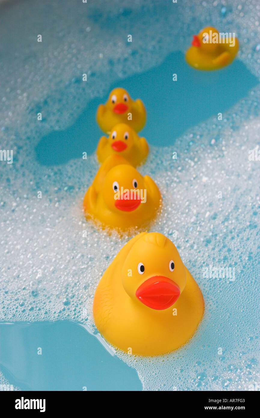 GROUP OF YELLOW RUBBER DUCKS IN BATH FILLED BLUE BUBBLE BATH IN LINE Stock  Photo - Alamy