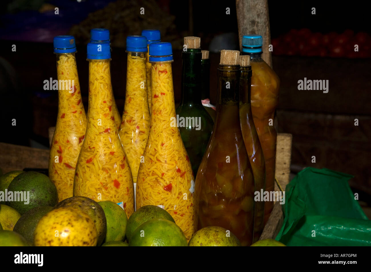local rum in the market, Hell-Ville, Nosy Be, Madagascar Stock Photo